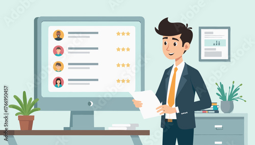 A smiling businessman in a suit and tie stands in an office, reviewing a document while looking at a computer screen displaying a list of candidates with profile pictures and star ratings