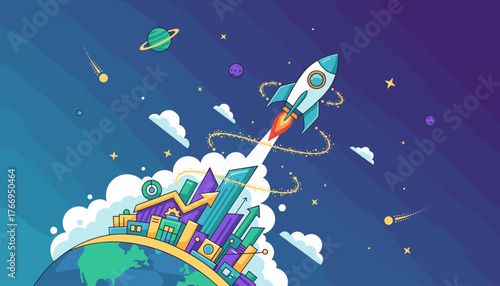 Vibrant illustration of a rocket launching into the starry cosmos from a stylized Earth, symbolizing growth, innovation, and exploration, with abstract city elements and upward-trending arrows