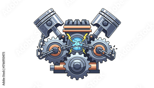 Stylized V-twin engine concept illustration featuring metallic pistons, gears, and chains, with a central glowing blue energy core and lightning bolts, symbolizing power and mechanics in a dynamic