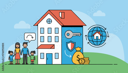 Illustration of a family standing in front of a house, symbolizing homeownership, mortgage, loan, and insurance, with icons of a key, shield, money bag, and globe representing financial security and