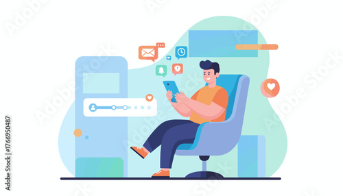Modern flat illustration of a young man sitting comfortably in a chair, engrossed in his smartphone, surrounded by social media notification icons like messages, likes, and alerts, symbolizing