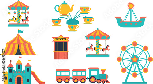 Amusement park, carnival rides, Ferris wheel, carousel horses, circus tent, ticket booth, teacup ride, pirate ship, toy train, play castle