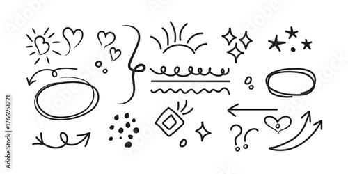 Line cute element set. Hand-drawn sketch doodle style arrow, cloud, star with marker stroke pencil highlight. Doodle sketch heart, star, cloud cartoon sticker shapes