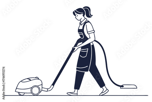 Cleaning Lady with Vacuum Cleaner Minimalist Vector Art Illustration