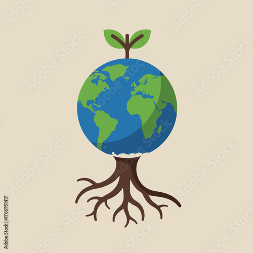 Earth Planet with Roots and Sprout Ecology Concept Flat Design