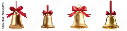 Festive golden bells with red bows for holiday decoration