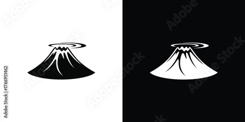 Simple Mount Fuji Silhouette with Circle, Japanese Symbol Icon on White Background
