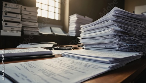 Stacks of papers on the office table