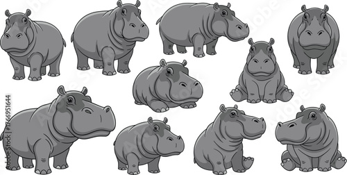 Cartoon hippos, animal poses, cute expressions, gray hippopotamus, character design, playful style, wildlife icon, zoo theme, fun illustration, kids art