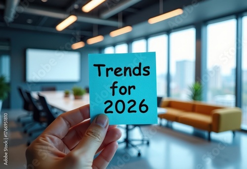 A hand holds a blue sticky note with the text 'Trends for 2026' in a modern office setting. Large windows show a city skyline in the background.