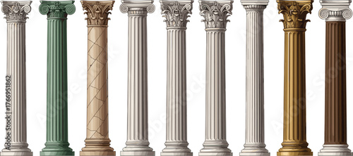 Classical columns, architectural styles, Doric design, Ionic scrolls, Corinthian details, stone texture, metal finish, historic structure, column art, ancient elegance