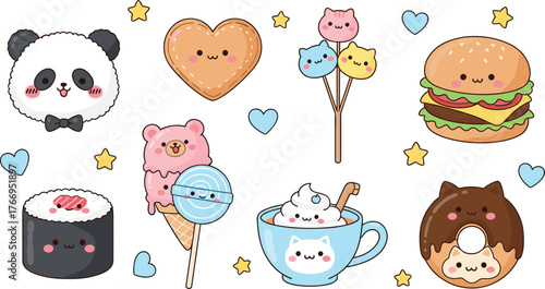 Cute food, cartoon animals, smiling faces, kawaii style, playful sweets, happy snacks, colorful treats, fun design, dessert icons, joyful illustration