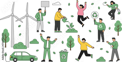 Eco-friendly lifestyle, green energy, sustainability actions, recycling habits, electric car, wind turbines, environmental awareness, nature care, climate protection, clean future