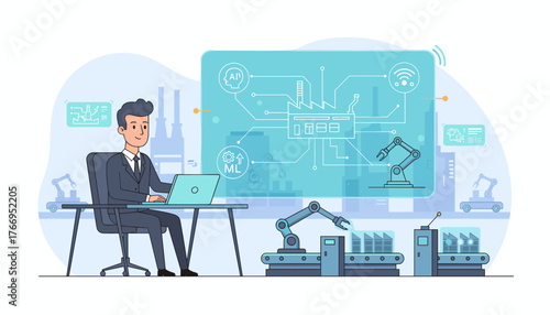 Smart Manufacturing Concept: A Businessman Oversees an Automated Factory with AI and Machine Learning Integration, Showcasing Robotic Arms on Assembly Lines and Digital Schematics on a Large Screen