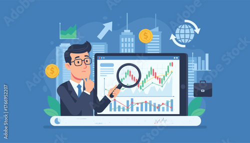 Conceptual illustration of a thoughtful businessman in a suit and glasses examining stock market charts on a tablet with a magnifying glass, surrounded by financial graphics, skyscrapers, and a