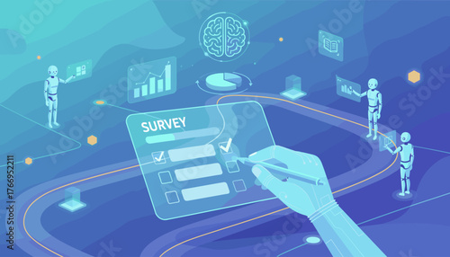 Futuristic survey form concept with checkboxes and a hand interacting with a digital interface, surrounded by robots and data visualizations, representing artificial intelligence and data analysis in