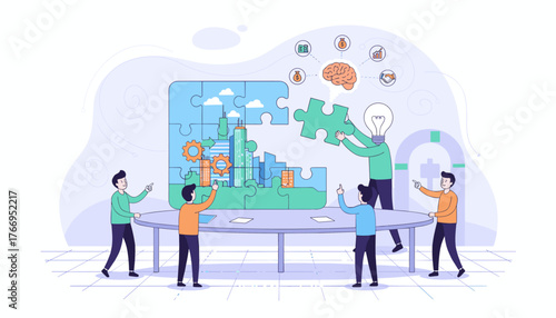 Teamwork and collaboration concept, people assembling a large puzzle depicting a cityscape, symbolizing problem-solving, strategic planning, and achieving business goals with innovative ideas and