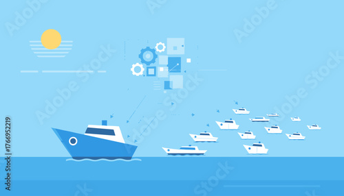Conceptual illustration of a large blue leader boat guiding a fleet of smaller white boats across a calm blue sea under a stylized sun, symbolizing success, leadership, teamwork, and strategic