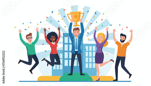 Diverse team of professionals celebrating a major business achievement, holding a golden trophy aloft amidst a shower of colorful confetti and abstract building graphics, symbolizing teamwork