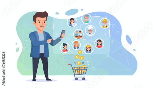 Man using smartphone to connect with diverse audience, representing target customers, audience outreach, and sales funnel concept with shopping cart full of coins and currency symbols, illustrating