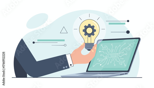 Innovative business concept: A hand holds a glowing light bulb with a gear inside, symbolizing a new idea or solution, positioned above a laptop displaying a circuit board pattern, representing