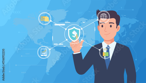 Business professional interacting with a digital interface displaying financial security icons, global network, and data analytics, representing technology and business finance concept on a world map