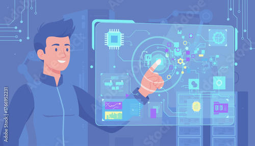Modern technology concept: A smiling young man interacts with a futuristic holographic interface displaying complex data, circuit diagrams, and a central processing unit, symbolizing innovation and