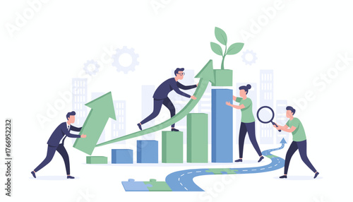 Diverse team of professionals collaborating to drive business growth, symbolized by a rising green arrow graph, plant sprout, and puzzle pieces forming a path, representing success, strategy, and