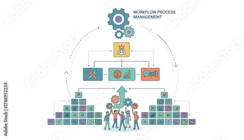 Vibrant infographic illustrating a successful business workflow management process, featuring gears, team collaboration, growth charts, and icons representing various business functions and tasks