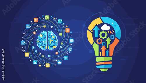Conceptual illustration of inspiration and innovation driven by technology and artificial intelligence, featuring a stylized brain connected to digital icons and a vibrant lightbulb symbolizing new