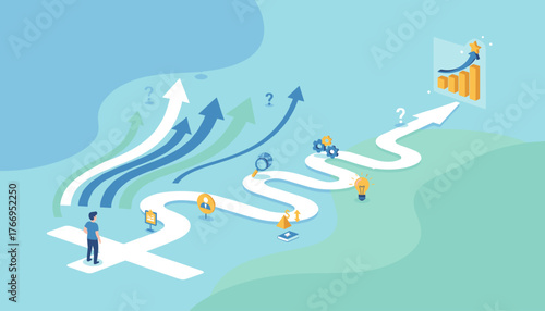 Conceptual illustration of a business journey with a person standing at a crossroads, symbolizing choices and decisions, leading to a winding path with icons representing research, ideas, and growth