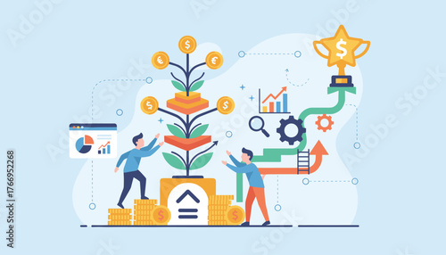 Vibrant flat illustration depicting business growth and success, featuring a money tree with coins, ascending stairs made of gold coins, gears, charts, and a trophy, symbolizing financial progress