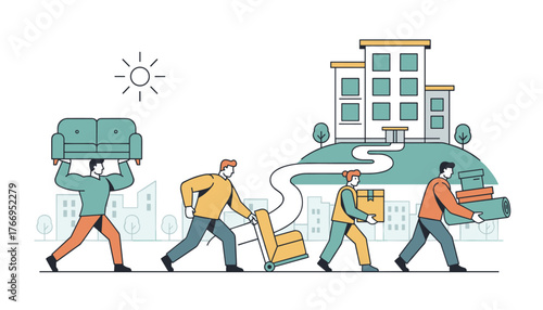 Vivid flat illustration of muscular men carrying furniture and boxes, moving house or office, with apartment buildings and a sunny sky in the background, symbolizing relocation and teamwork.