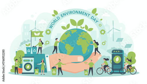 World Environment Day concept illustration with tiny people caring for the planet, recycling, planting, riding bikes, and using renewable energy sources like wind turbines and solar panels