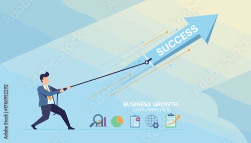 A determined businessman in a suit pulls a rope attached to a blue arrow pointing upwards with the word "SUCCESS" inscribed, symbolizing career advancement and business growth, accompanied by data