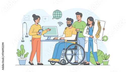 Modern vector illustration depicting a supportive healthcare team assisting a disabled person in a wheelchair, showcasing technology and medical expertise for rehabilitation and well-being, with a