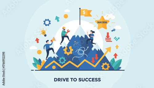 Vector illustration of a business motivation concept, depicting a team climbing a mountain towards a success flag, symbolizing teamwork, goal achievement, and overcoming challenges with tools, ideas