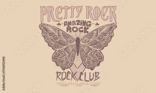 Amazing rock, Pretty rock design. Butterfly with rose flower graphic artwork. Music poster. Pretty rock club. Rock and roll tour t shirt print design. Rockstar vector artwork.