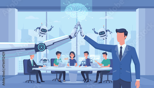 Futuristic business meeting where a human in a suit high-fives a robotic arm, symbolizing collaboration between humans and AI, with small robots floating around and a digital brain hologram above