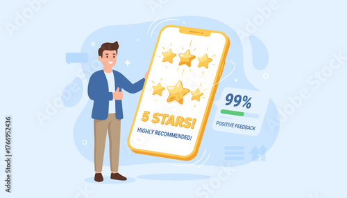 A cheerful 3D man gives a thumbs-up, holding a smartphone displaying a 5-star rating and 'Highly Recommended!' message, signifying excellent customer satisfaction and positive feedback with a 99%