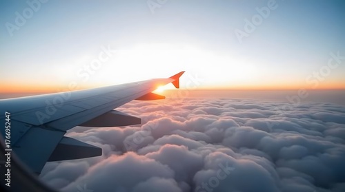 Fototapeta Naklejka Na Ścianę i Meble -  Breathtaking cloudscape and wing view from airplane window at sunset offers a tranquil travel vibe