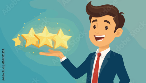 A cheerful businessman in a blue suit and red tie presents a glowing five-star rating with a bright smile, symbolizing excellent customer service, positive feedback, and business success against a