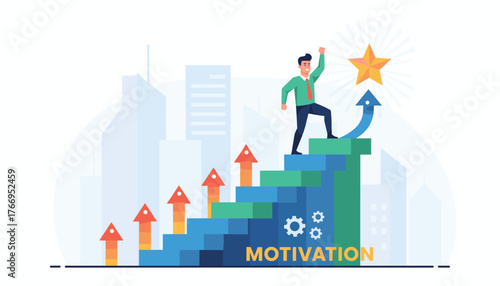 A determined businessman triumphantly climbs a vibrant staircase towards a golden star, symbolizing achievement and success, set against a backdrop of modern city skyscrapers, representing ambition