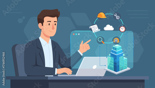 Modern BIM building information modeling technology concept with a businessman at a laptop interacting with a holographic interface displaying construction icons, a building, and data analytics