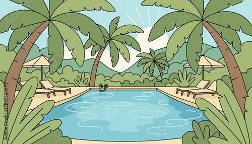 Vibrant cartoon illustration of a tropical swimming pool oasis, featuring lush palm trees, sun loungers, and umbrellas under a bright, sunny sky with gentle mountain backdrop, evoking relaxation and