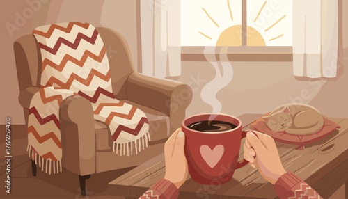 Cozy morning scene with a steaming cup of black coffee held by hands wearing a knitted sweater, next to a sleeping cat on a cushion, with a warm blanket draped over an armchair and sunlight streaming