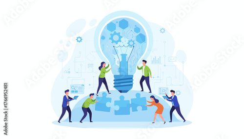 Teamwork and collaboration concept, a group of diverse people working together to build a giant glowing light bulb, symbolizing innovation, creativity, and successful idea generation, with puzzle
