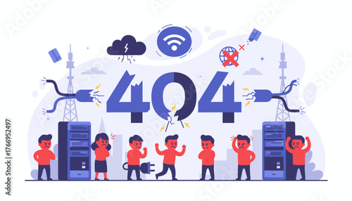 Frustrated business people react to a 404 error page with broken server racks, disconnected cables, and a storm cloud symbolizing technical difficulties and website downtime, illustrating digital