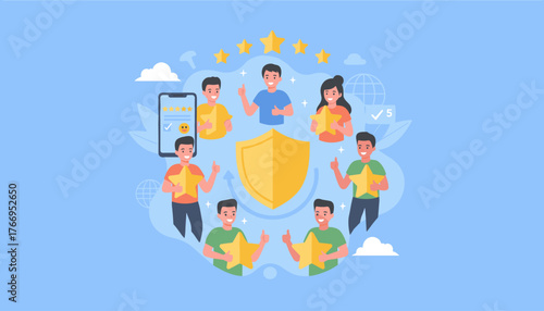 Customer loyalty and consumer satisfaction concept, diverse group of happy people giving 5-star ratings and thumbs up around a golden shield, symbolizing trust and excellent service, with stars and