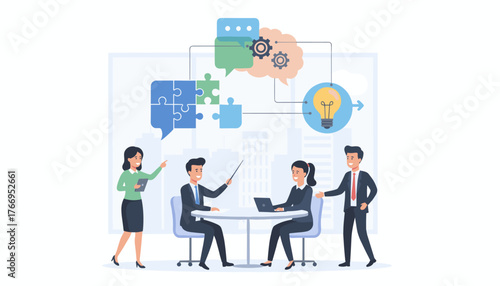Business team collaborating on a project, using puzzle pieces to represent problem-solving and idea generation, with a lightbulb symbolizing innovation and success in a modern office setting.